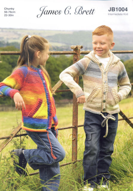 Girls knitted jacket in Rich Rainbow shade AC07 and boys knitted hooded jacket in Winter Tree shade AC04. 