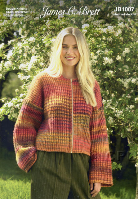 Ladies bell sleeved cardigan with a zipped front in shade EM14 (Embarrassed) which is striped yellow, orange and red.