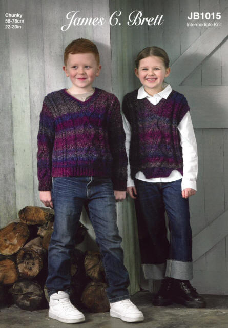 Colour shown for both the Boys Cabled Sweater and the  Girls Cabled Slipover is Shade MC126 Bramble Jelly. 