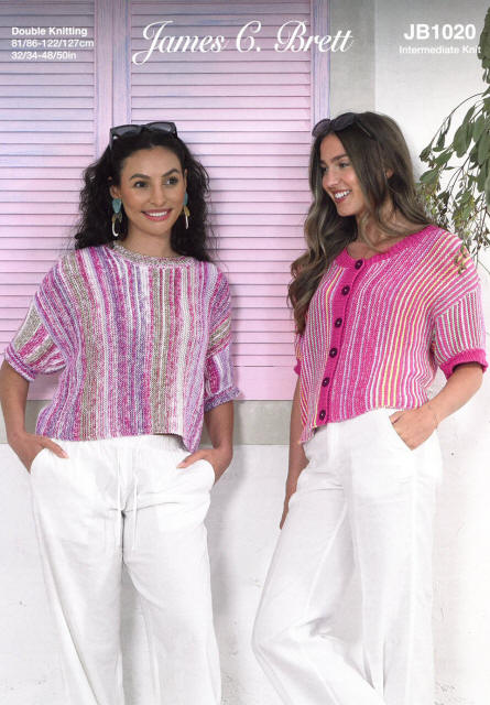 Ladies Short Sleeved Sweater and Cardigan worked sideways in JCB Cotton Waves Double Knit  
