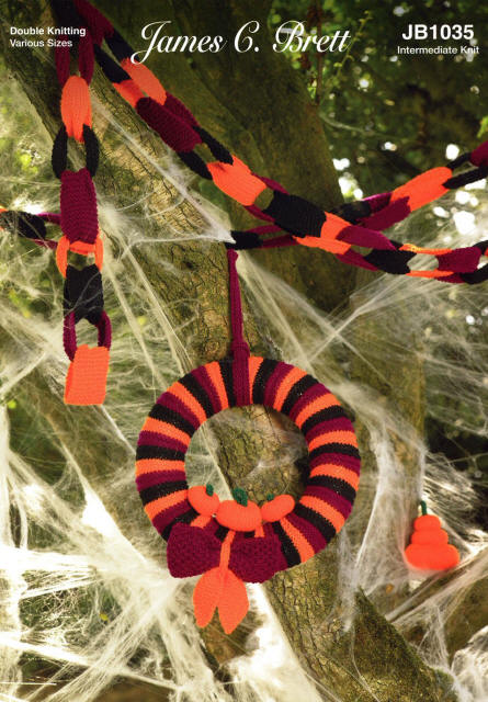 Knitted Halloween Round Wreath, Knitted Paper Chain and Pumpkin Stack. Pattern uses Dark Reds, Black and Orange colours.