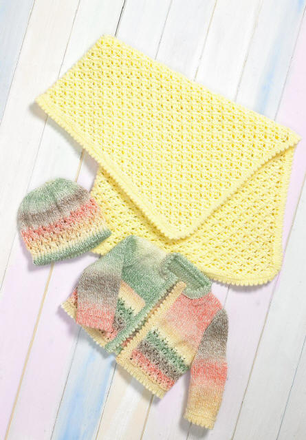 Babies Cardigan, Hat and Blanket. Colours shown are shades BM42 & BB02
