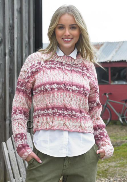 Ladies Round Neck Sweater in Croftland Scandi Aran shade A300 (Salmon Run)