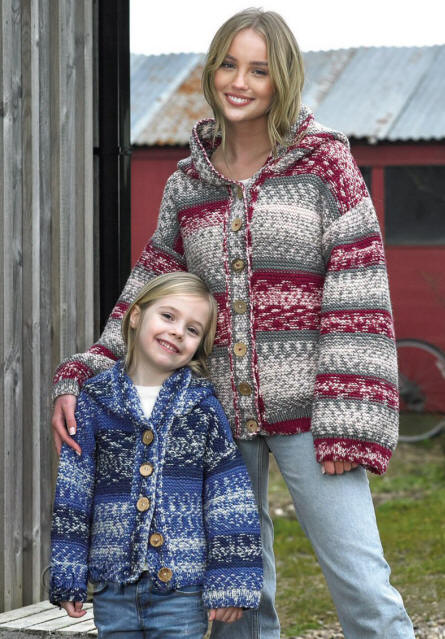 Ladies and Girls Cardigan in shades A301 (Shepherds Delight) and A302 (Blue Skies)