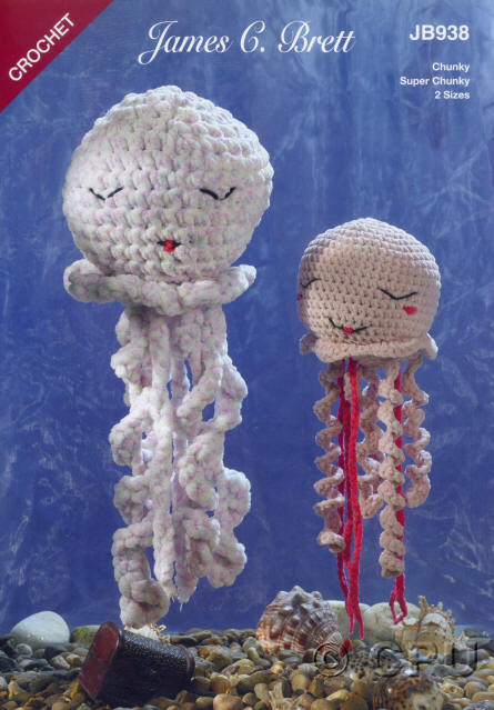Crochet Jasmine Jellyfish and Joy Jellyfish. Colours shown are shades B45, B34 and UG13 