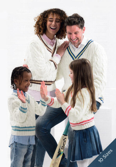 Picture shows a girl, a boy, a lady and a man in cricket style long sleeved sweaterseck. Around the necks and sleeves there are contrast stripes.