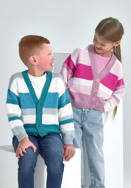 Picture shows a girls and a boys cardigan with 4 coloured horizontal stripes.