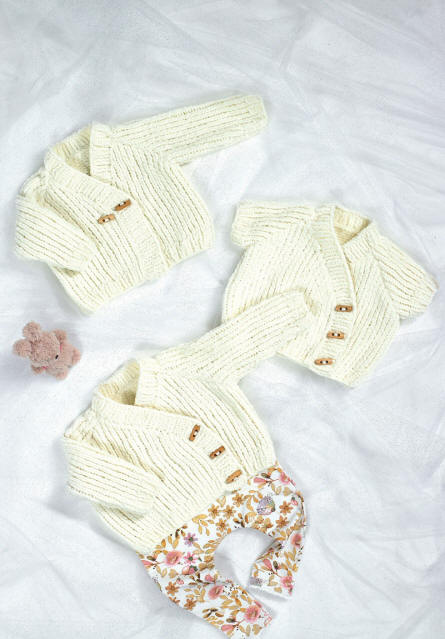 picture shows long sleeved cross over cardigan with 2 buttons side by side, short sleeved cross over cardigan with buttons down the front and long sleeved cross over cardigan with buttons down the front. All are in a cream colour with toggle buttons (not supplied)