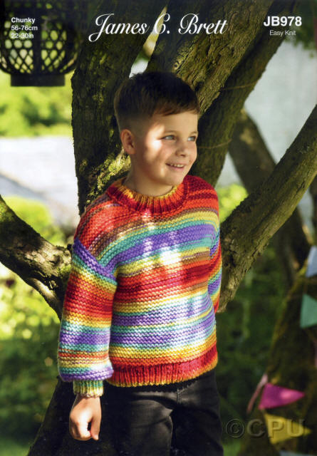 Boys Easy Knit Long Sleeved Garter Stitch Sweater with round neck in Party Time Chunky shade PT19 (Autumn Days)