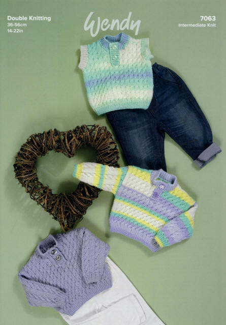 Knitted Slipover in Wendy Giggles DK Mint Coolie (WG17), Knitted Sweater in Wendy Giggles DK Spring Fresh (WG21) and Knitted Sweater in Wendy Supreme DK Violet Mist (WD63) 
